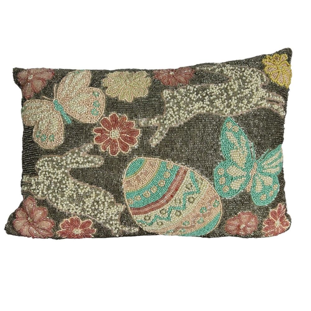 Spring Gatherings Easter Beaded Throw‎ Pillow Flowers Bunnies Eggs Butterflies